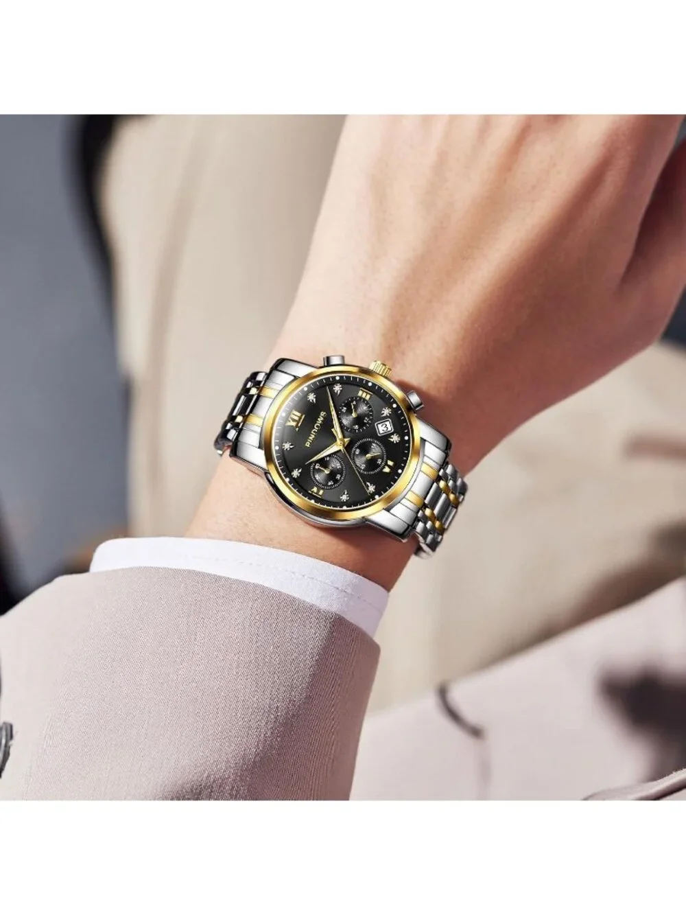 Men's Two Tone Gold Silver Quartz Watch Stainless Steel Diamond Dial Watch